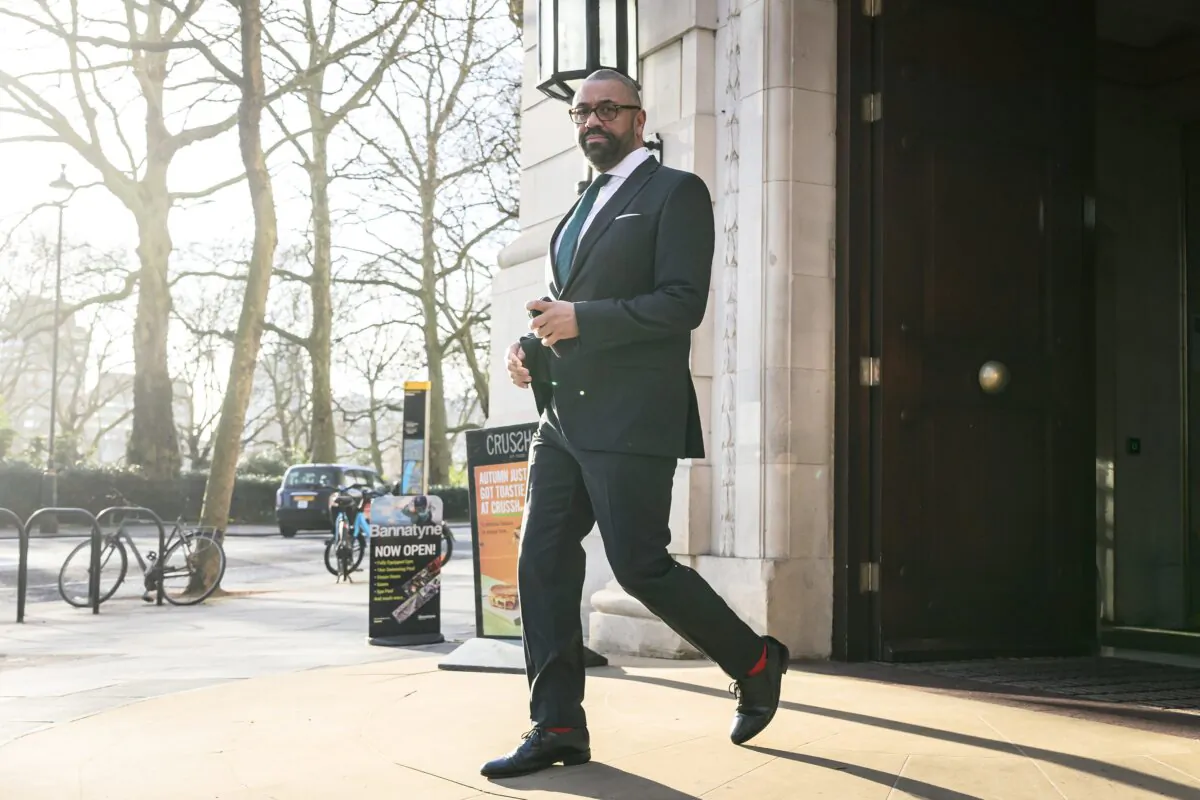 Home Secretary James Cleverly leaves Millbank studios in London on Feb. 23, 2024. (Leon Neal/Getty Images)
