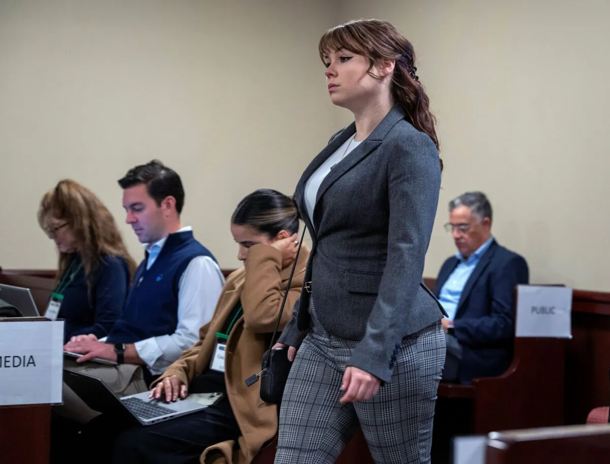 Hannah Gutierrez-Reed walks into court for the first day of testimony in her trial in Santa Fe, N.M., on Feb. 22, 2024. (Eddie Moore/Pool/The Albuquerque Journal via AP)