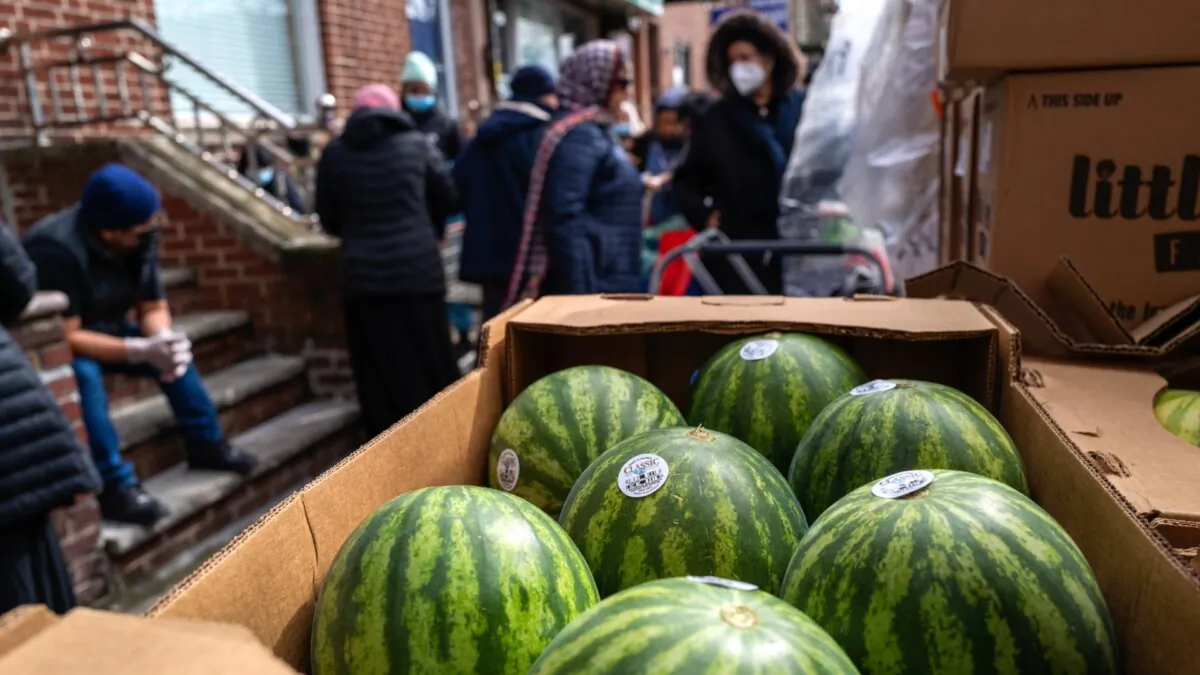 People line-up for food distribution in Brooklyn, New York City, on March 1, 2023. (Spencer Platt/Getty Images)