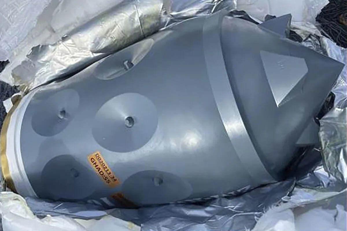 What is described as an Iranian-made warhead bound for Yemen's Houthi, seized off a vessel in the Arabian Sea, is shown in this image released by DOJ in an FBI affidavit filed in U.S. District Court, Alexandria, Va. (U.S. Department of Justice via AP)