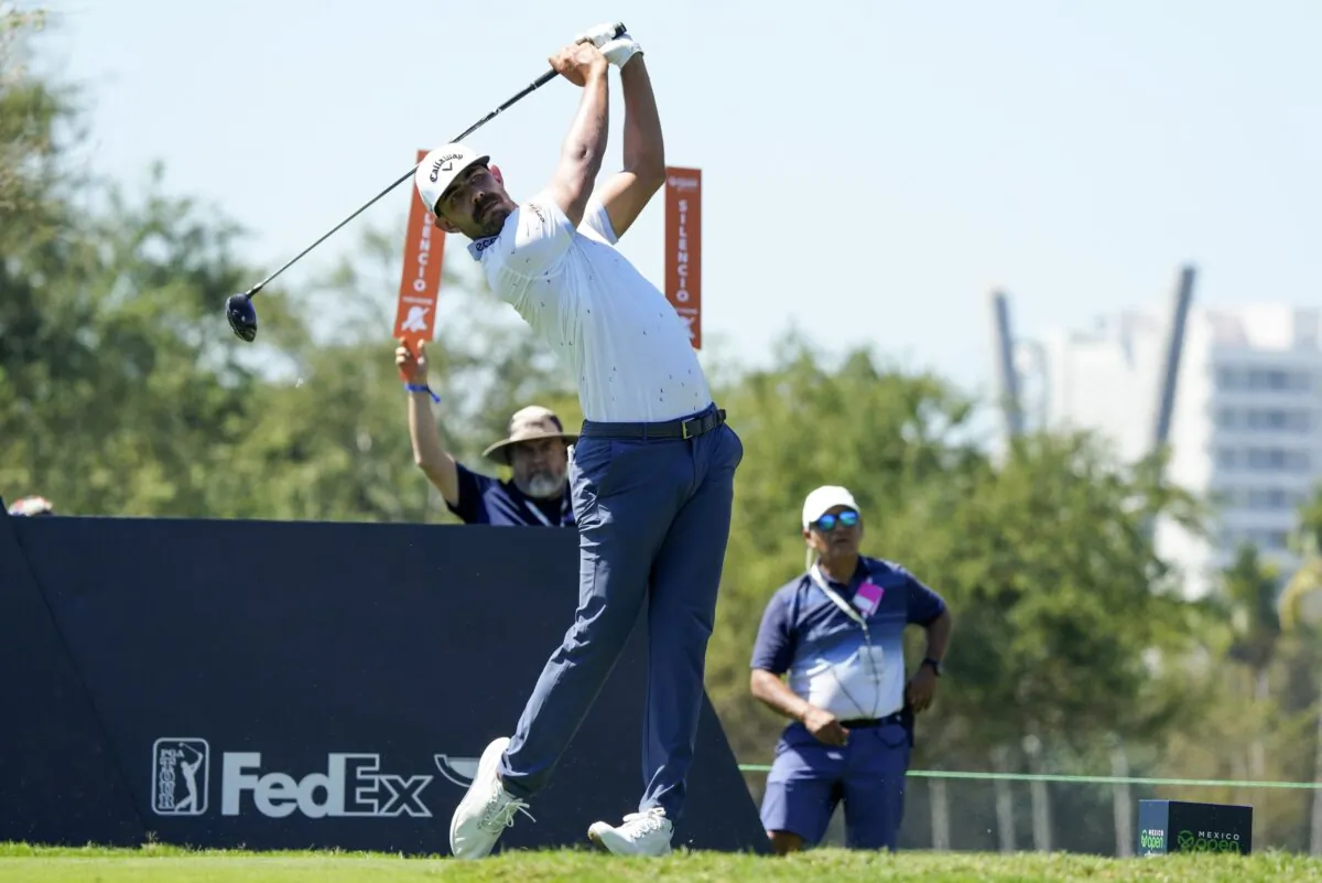 Erik van Rooyen, of South Africa, watches his tee shot on the second hole during the first round of the Mexico Open golf tournament in Puerto Vallarta, Mexico, on Feb. 22, 2024. (Fernando Llano/AP Photo)