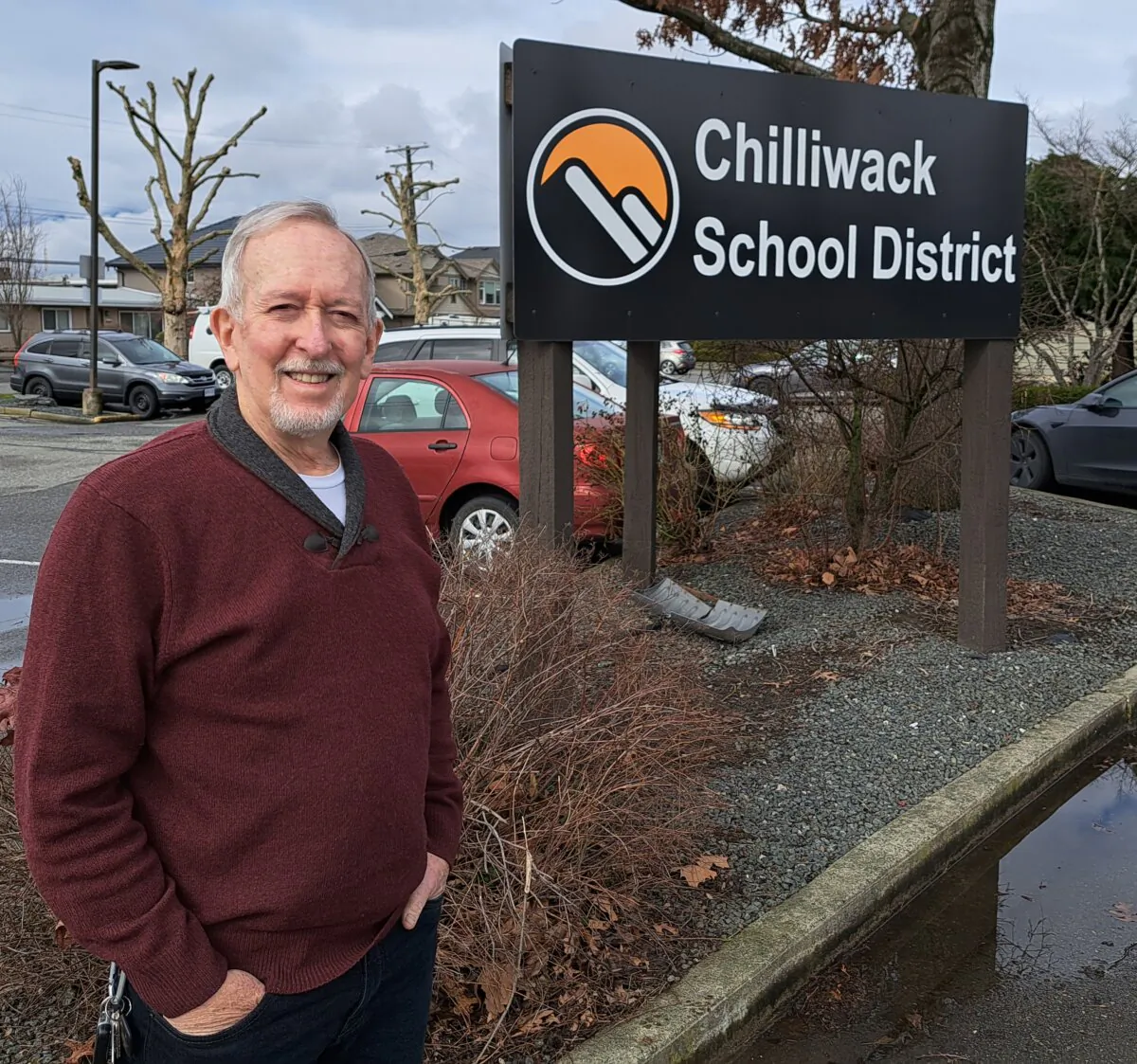 Former Chilliwack school trustee Darrell Furgason outside the Chilliwack School Board office where he alleges he has been repeatedly muted from giving input during public meetings. (Jeff Sandes/The Epoch Times)