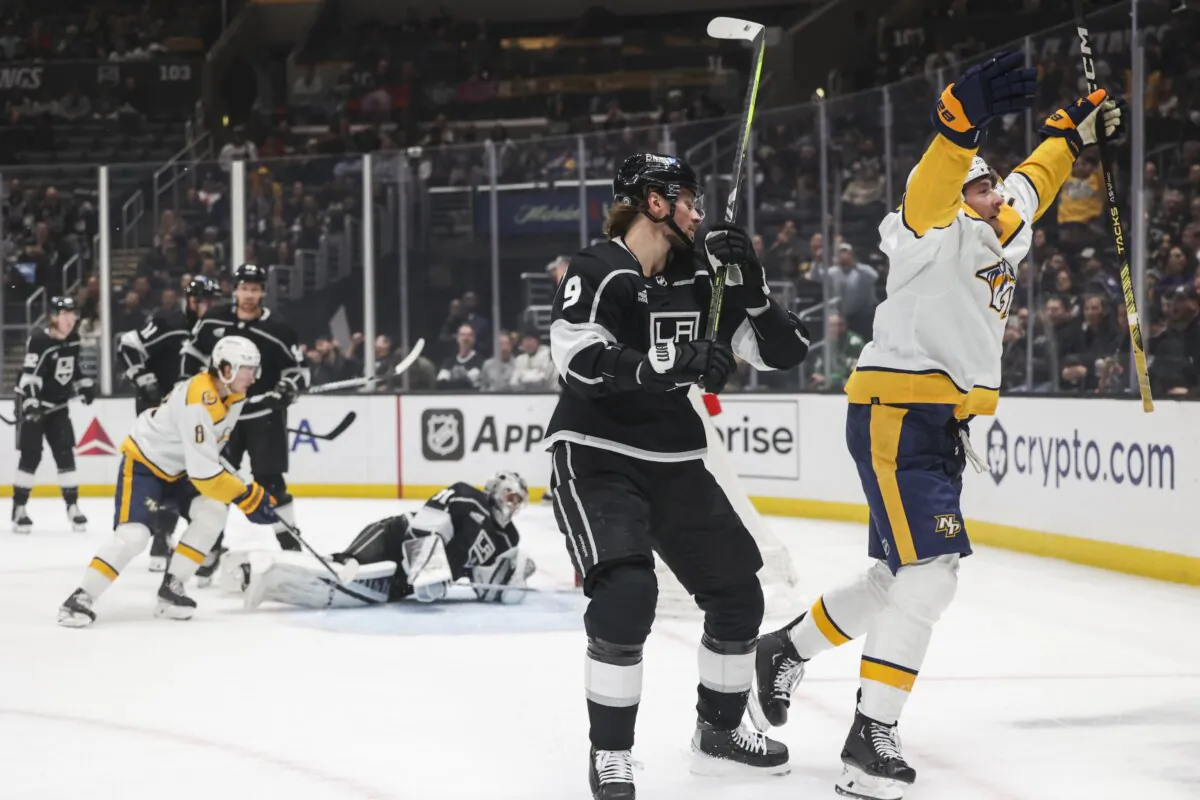 Nashville Predators center Yakov Trenin (R) celebrates after scoring against the Los Angeles Kings during the first period of an NHL hockey game in Los Angeles on Feb. 22, 2024. (Yannick Peterhans/AP Photo)