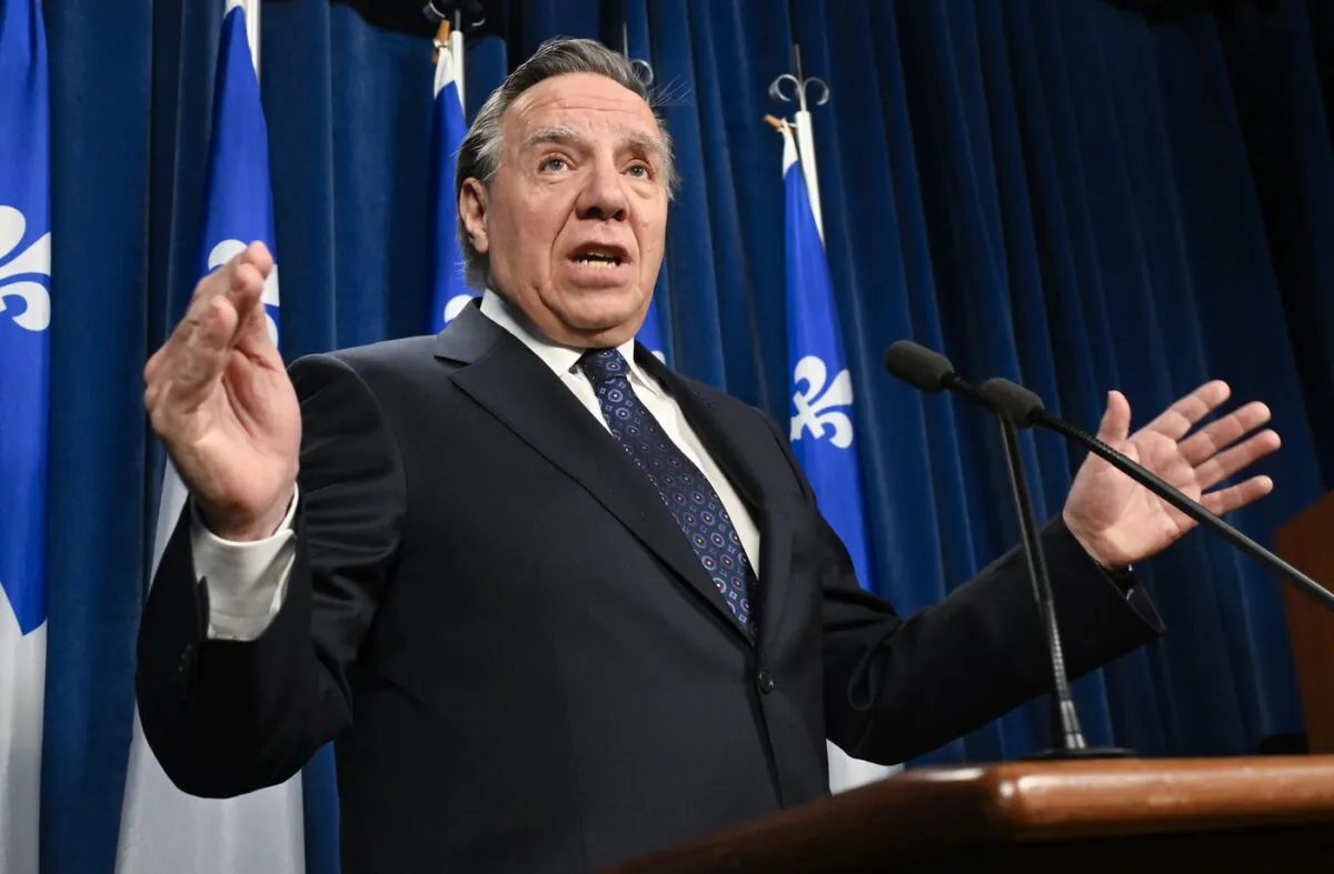 Quebec Premier Francois Legault speaks at a news conference prior to question period, at the legislature in Quebec City, on Feb.22, 2024. (The Canadian Press/Karoline Boucher)