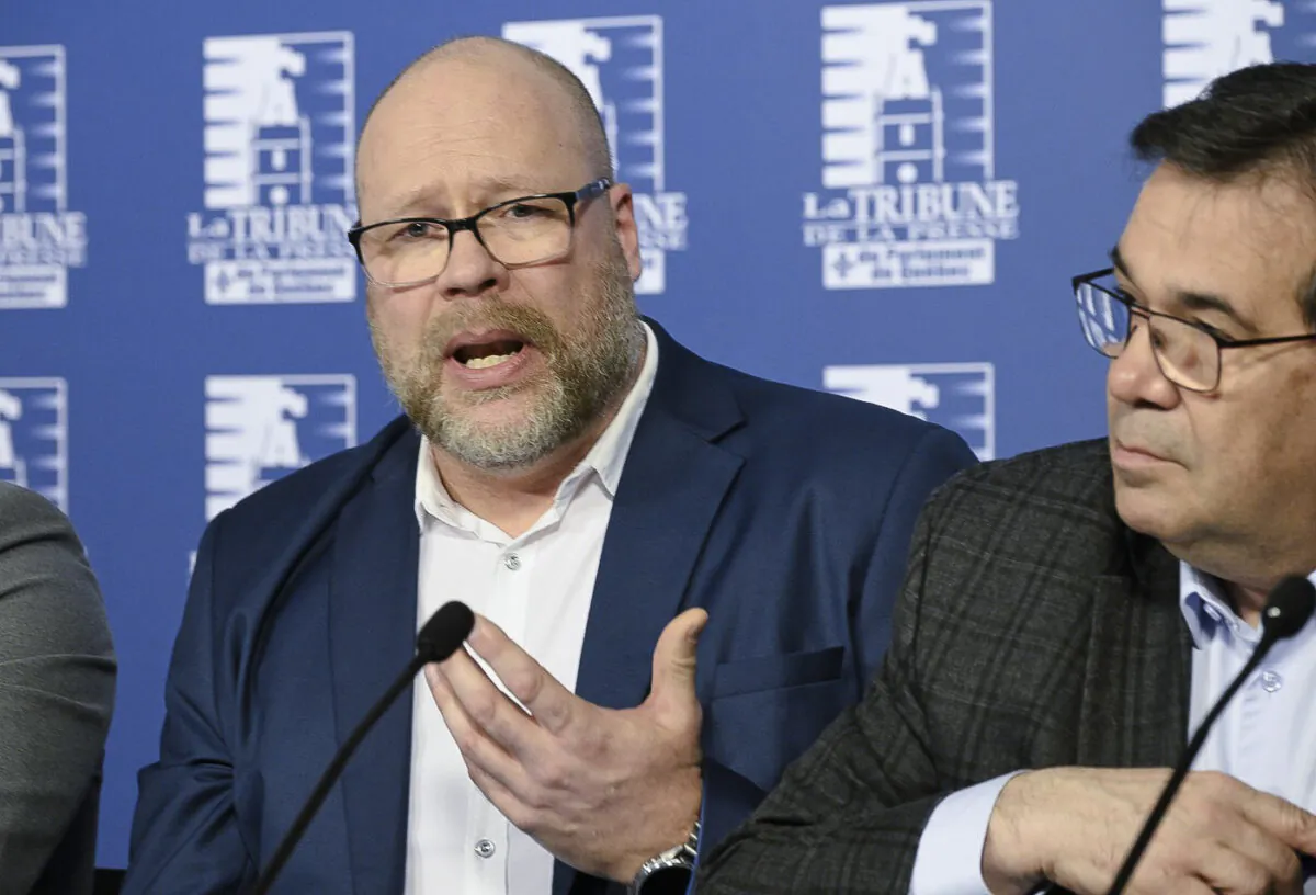 Union leader Eric Gingras of the CSQ speaks at a news conference on the agreements that were accepted by their members after negotiations with the government in Quebec City, on Feb. 23, 2024. (The Canadian Press/Jacques Boissinot)