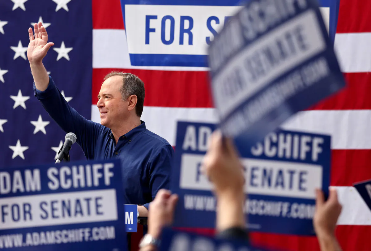 Rep. Adam Schiff (D-Calif.) waves to supporters at a Senate campaign rally in Burbank, Calif., on Feb. 11, 2023. (Mario Tama/Getty Images)