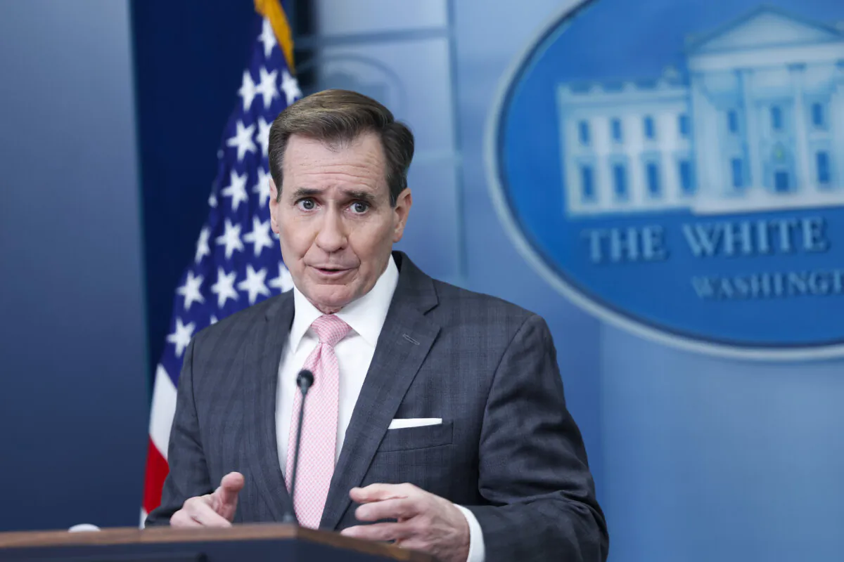 White House National Security Communications Advisor John Kirby speaks alongside White House Press Secretary Karine Jean-Pierre during a daily news briefing at the James S. Brady Press Briefing Room of the White House on Feb. 13, 2024. (Anna Moneymaker/Getty Images)