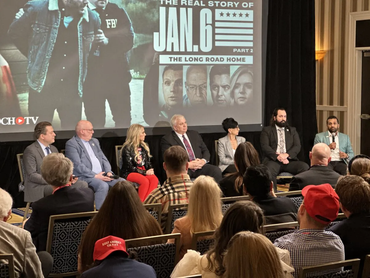 (L–R) American Thought Leaders host Jan Jekielek, Epoch Times senior investigative journalist Joe Hanneman, Jan. 6 defendant’s spouse Sarah McAbee, Jan. 6 attorney Bill Shipley, Jan. 6 defendant’s aunt Geri Perna, whistleblower and former FBI special agent Garret O’Boyle, and former Pentagon chief of staff Kash Patel during The Epoch Times' Jan. 6 panel discussion at the Conservative Political Action Conference (CPAC) in National Harbor, Md., on Feb. 23, 2024. (Terry Wang/The Epoch Times)