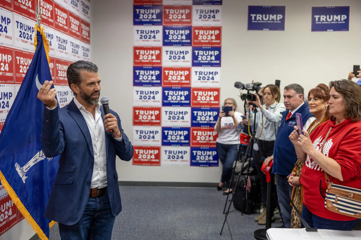 Donald Trump Jr. speaks to supporters at a rally for his father, Republican Presidential candidate, former U.S. President Donald Trump in Charleston, S.C., on Feb. 23, 2024. (Tasos Katopodis/Getty Images)
