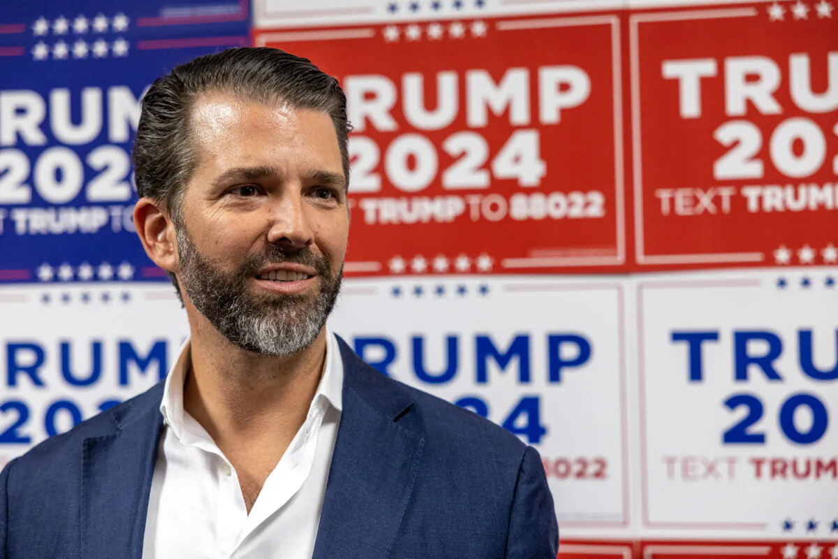 Donald Trump Jr. speaks to media at a rally for his father, Republican Presidential candidate, former
President Donald Trump, on Feb. 23, 2024 in Charleston, S.C. (Tasos Katopodis/Getty Images)
