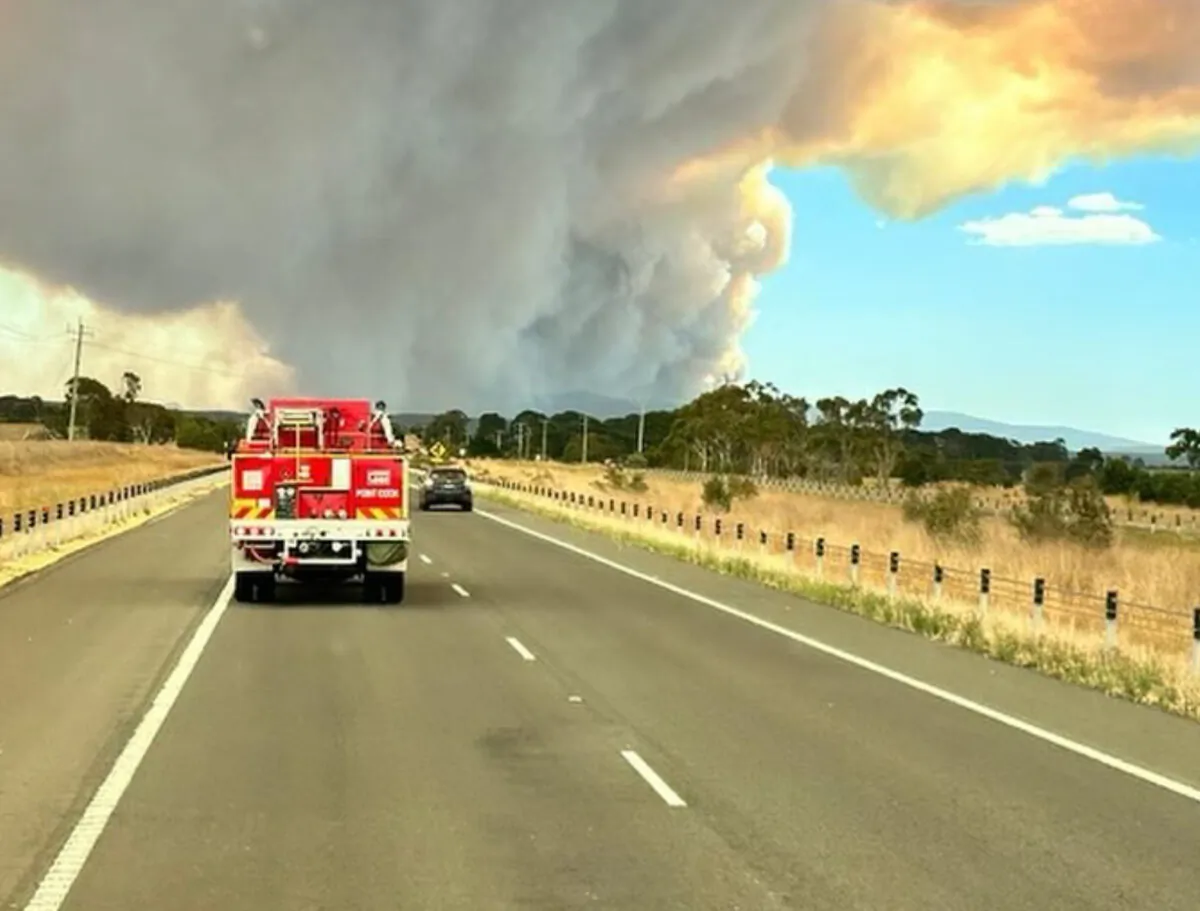 A supplied image obtained on Feb. 23, 2024, of Fire-fighters near a fire in Eastern Maar Country, Victoria. (AAP Image/Supplied by Country Fire Authority)