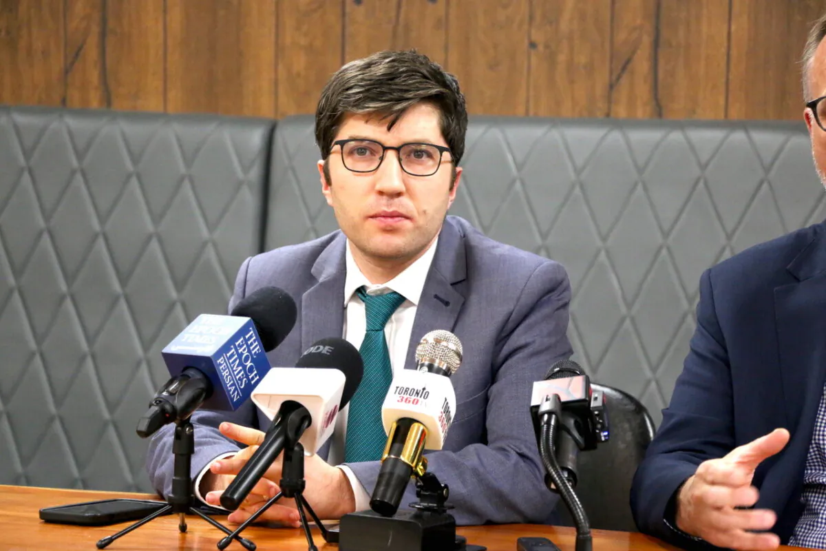 Conservative MP Garnett Genuis, speaks to reporters at a press conference in Mississauga, Ont., on Feb. 22, 2024. (Andrew Chen/The Epoch Times)