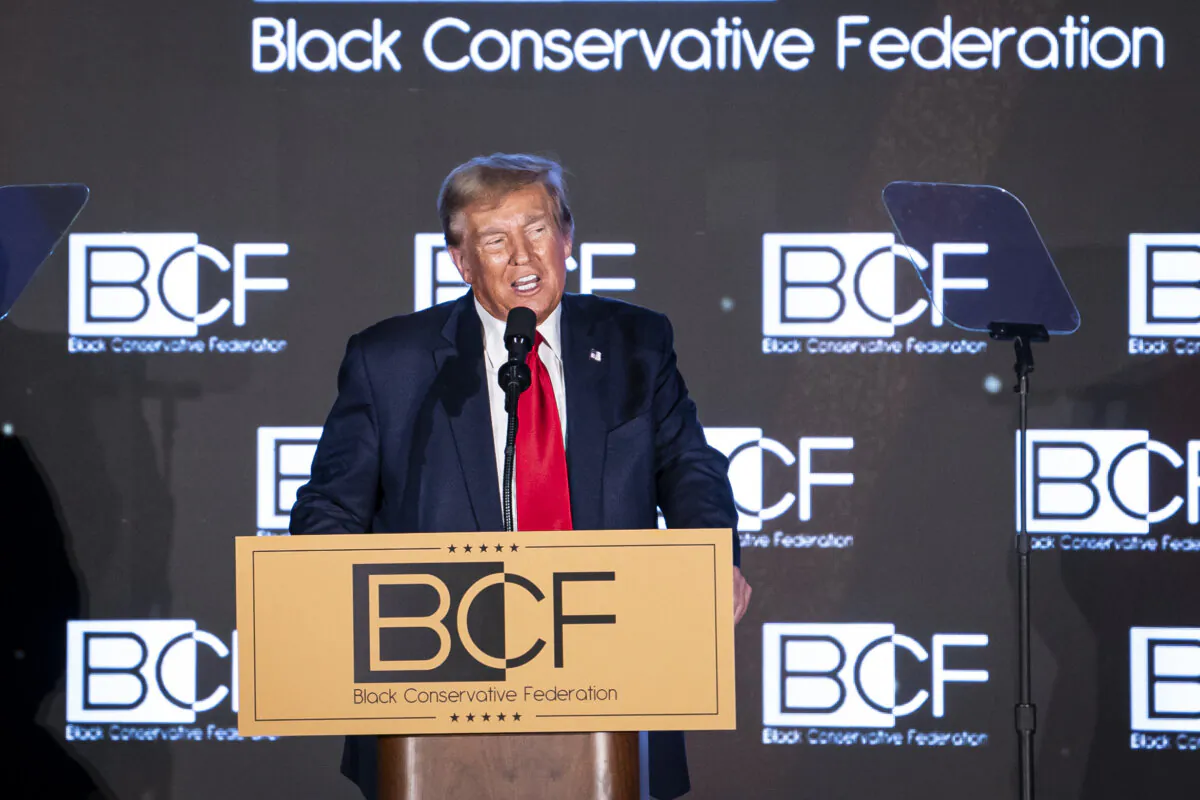 Republican presidential candidate former President Donald J. Trump speaks at the Black Conservative Federation ahead of the South Carolina primary in Columbia, S.C., on Feb. 23, 2024. (Madalina Vasiliu/The Epoch Times)