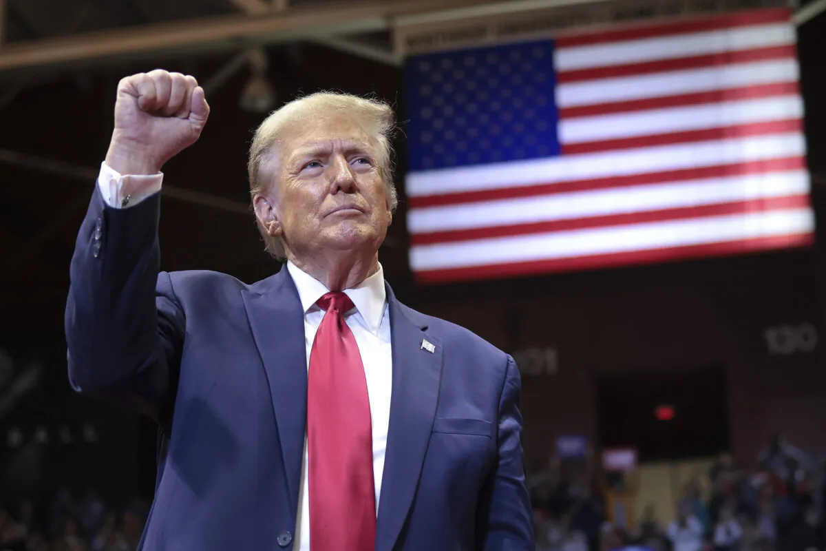 Republican presidential candidate and former President Donald Trump gestures to supporters after speaking at a Get Out The Vote rally at Winthrop University in Rock Hill, S.C., on Feb. 23, 2024. (Win McNamee/Getty Images)
