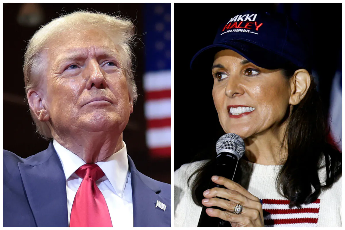 (L) Former President Donald Trump at a Get Out The Vote rally at Winthrop University in Rock Hill, S.C., on Feb. 23, 2024. (R) Former U.S. Ambassador to the U.N. Nikki Haley speaks during a campaign rally in Mt. Pleasant, S.C., on Feb. 23, 2024. (Win McNamee/Julia Nikhinson/AFP via Getty Images)