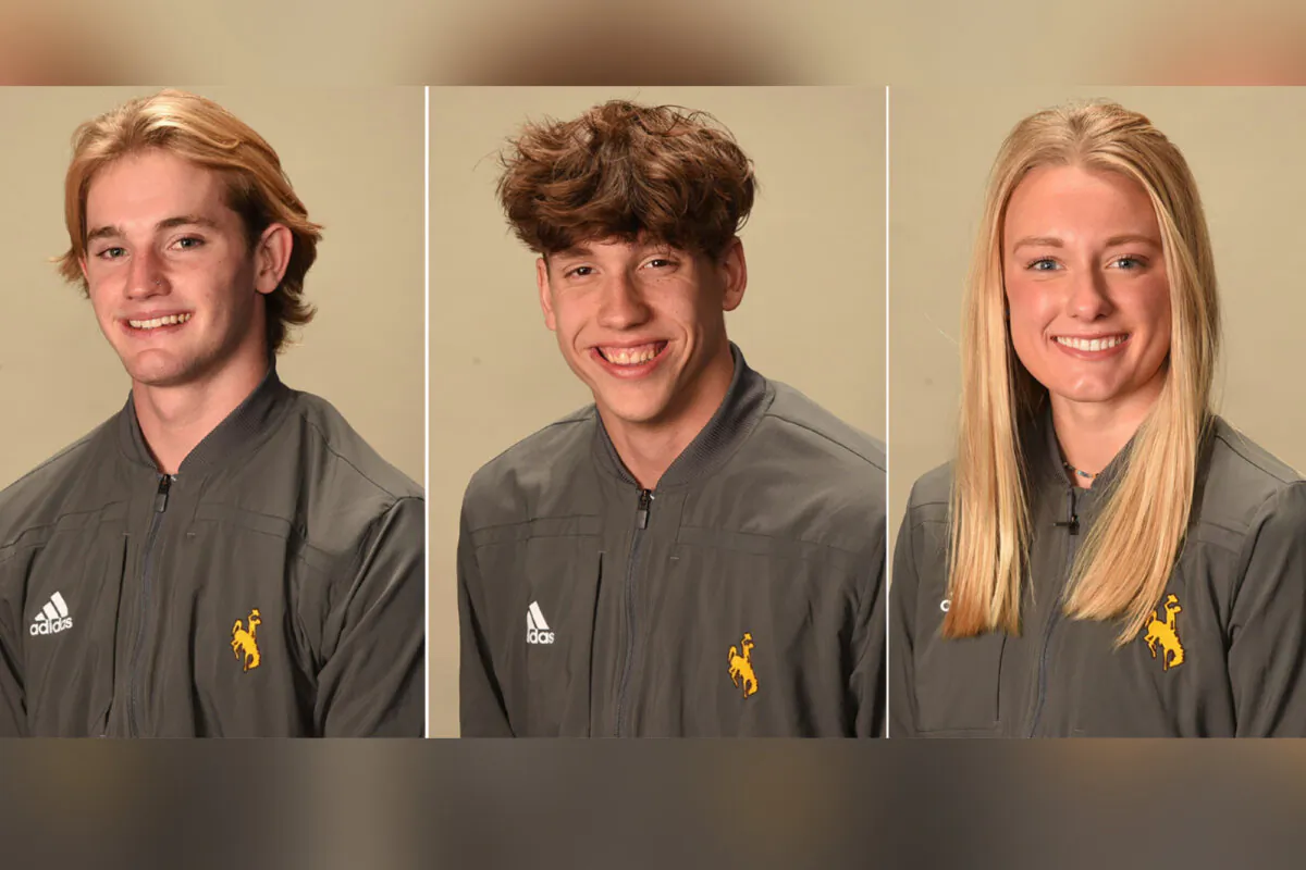 Members of the University of Wyoming swimming and diving team (L–R) Luke Slabber, Charlie Clark, and Carson Muir. (University of Wyoming via AP)