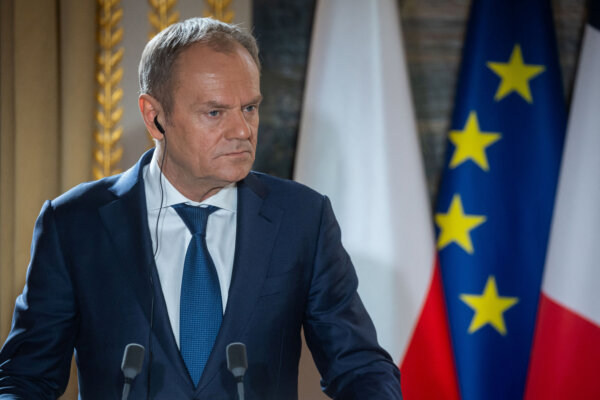 Polish Prime Minister Donald Tusk attends a joint statement to the media with French President Macron (not pictured) as part of their meeting at Elysee Palace, Paris, France, 12 February 2024. (Christophe Petit Tesson/Pool via Reuters)