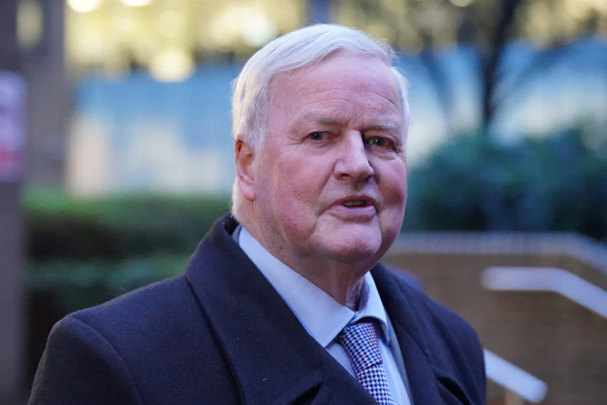 Former Tory MP Bob Stewart, 74, speaks outside Southwark Crown Court, south London, on Feb. 23, 2024. (Jonathan Brady/PA Wire)