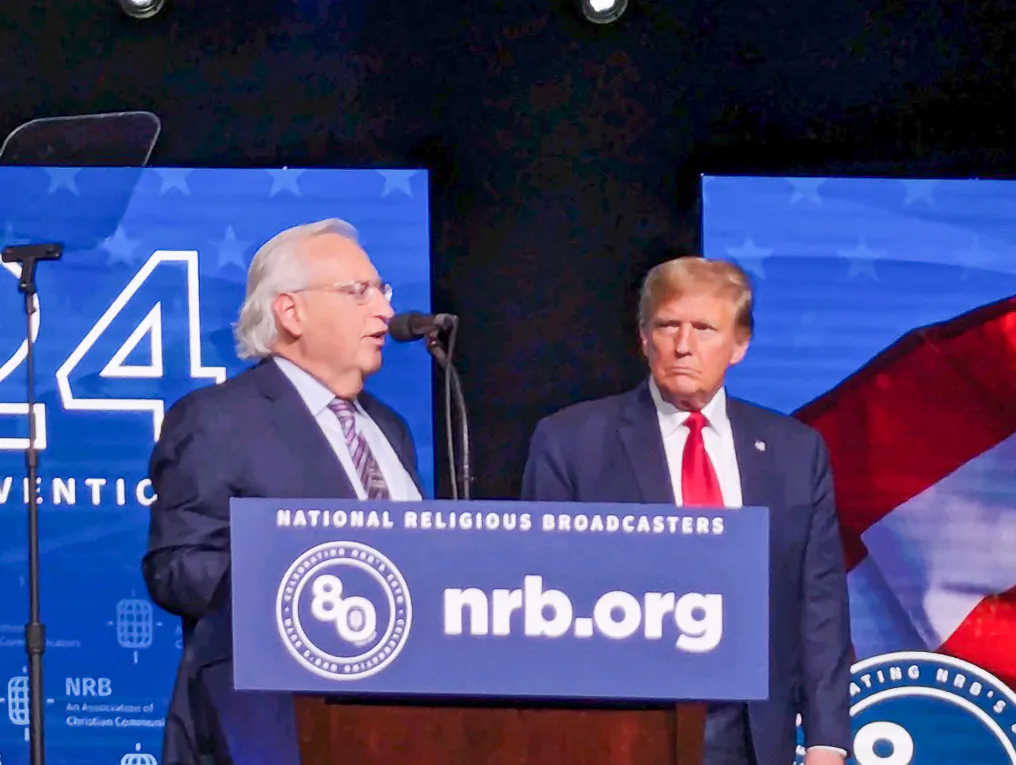 Former U.S. Ambassador to Israel David Friedman and Republican presidential candidate and former President Donald Trump speak at the National Religious Broadcasters (NBR) at Gaylord Opryland Resort in Nashville, Tenn., on Feb. 22, 2024. (Roger L. Simon/The Epoch Times)