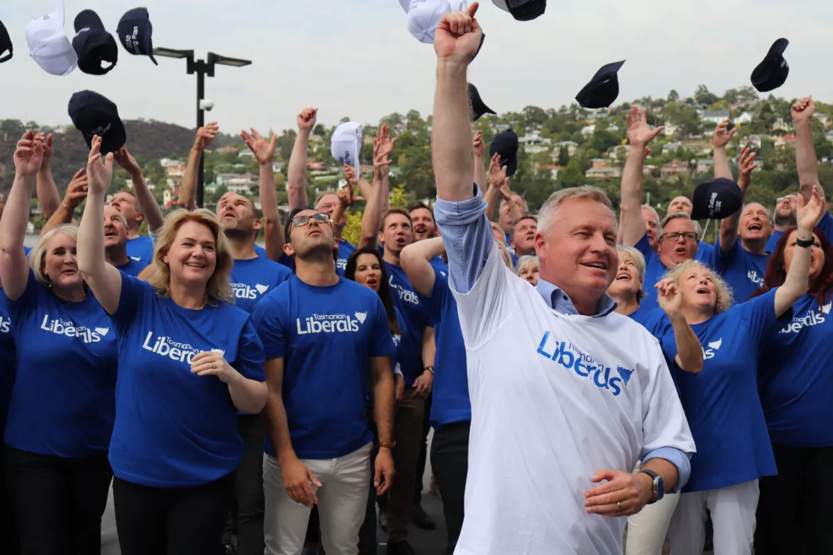 Liberal leader Jeremy Rockliff with supporters and candidates at Peppers Silo Hotel, Launceston, Tasmania, Australia, on Feb. 20, 2024. (AAP Image/Ethan James)