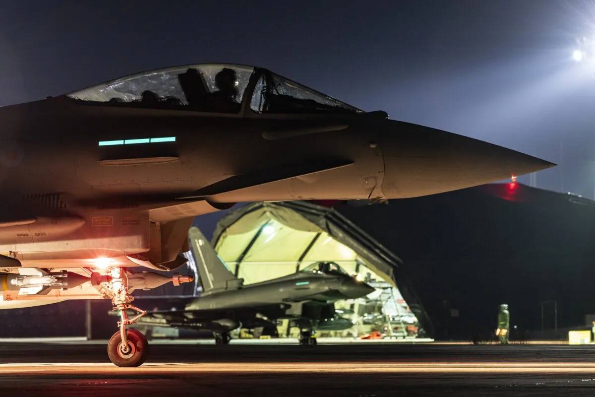 A Royal Air Force Typhoon aircraft prepares to take off, along with others, to conduct further strikes against Houthi targets in Yemen on Feb. 24, 2024. (Cpl. Tim Laurence/RAF/UK Ministry of Defense via AP)