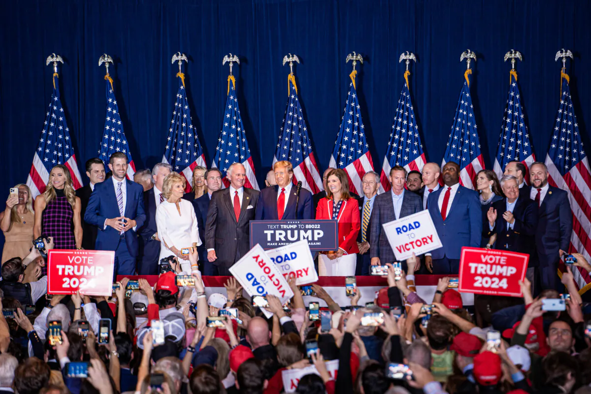 President Donald Trump takes the stage at the South Carolina State Fairgrounds in Columbia, S.C., after defeating Nikki Haley in her home state on Feb. 24, 2024. (Madalina Vasiliu/The Epoch Times)