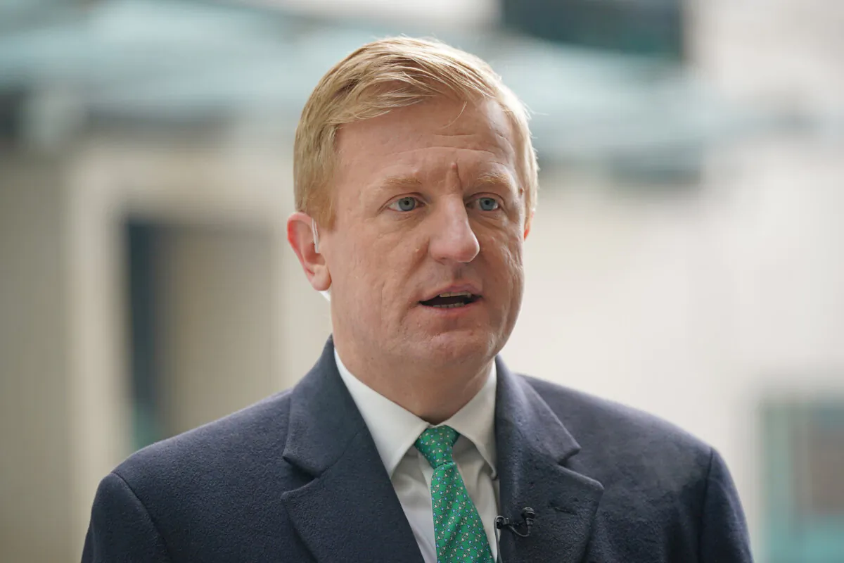 Deputy Prime Minister Oliver Dowden speaks to the media as he arrives at BBC Broadcasting House in London, on Feb. 25, 2024. (Yui Mok/PA Wire)

