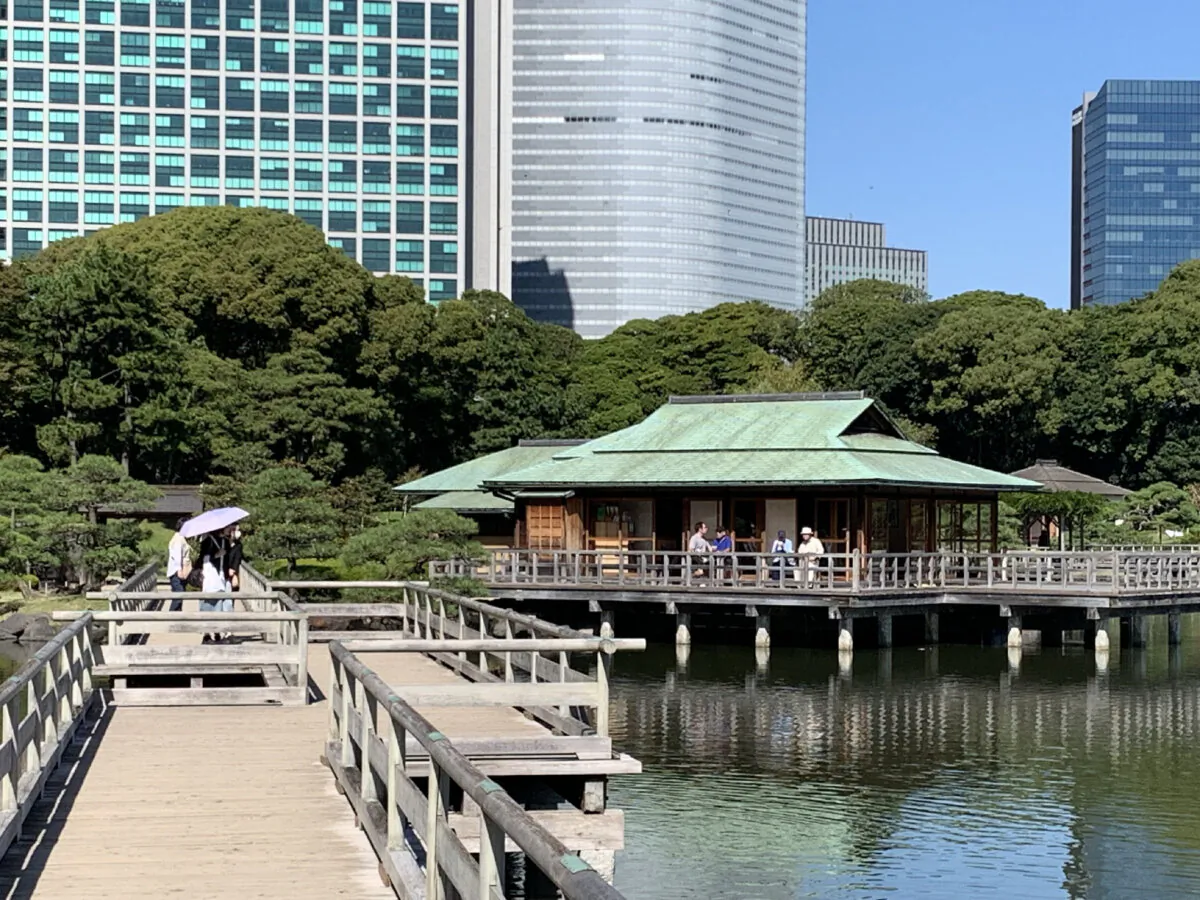 The Tea House at beautiful Hama-rikyu Gardens in Tokyo is a relaxing place to visit and enjoy sampling tea and a special pancake or an occasional formal tea ceremony. (Sharon Whitley Larsen)