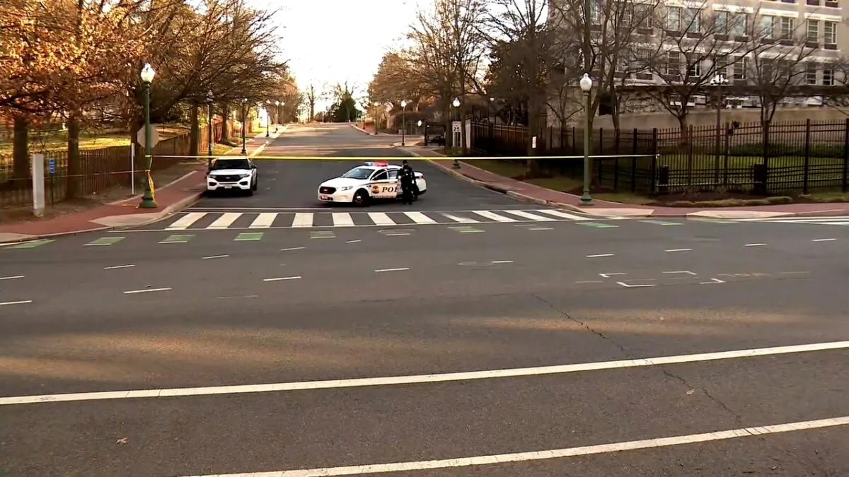 Police are deployed outside the Israeli Embassy in Washington on Feb. 25, 2024, after an active-duty member of the U.S. Air Force was critically injured after setting himself ablaze outside the diplomatic compound. (WJLA via AP)