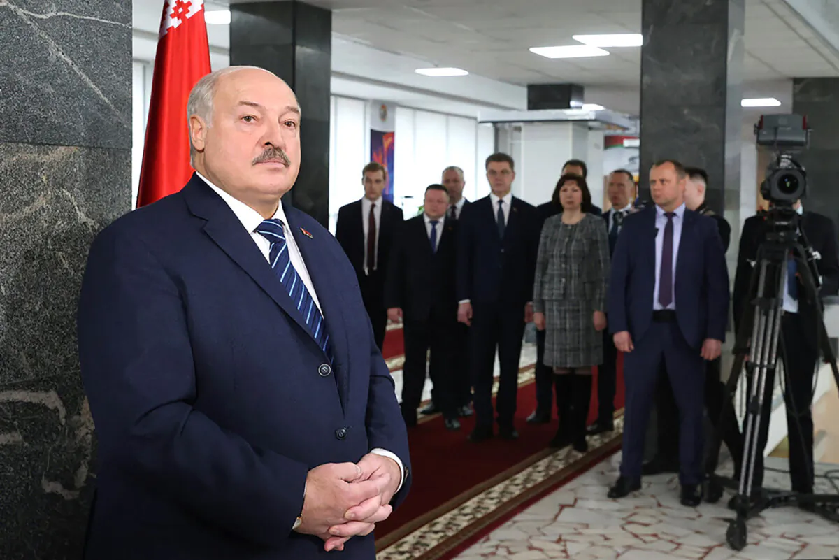 Belarus President Alexander Lukashenko addresses the media after voting at a polling station in Minsk, Belarus, on Feb. 25, 2024. (Belarusian Presidential Press Service via AP)