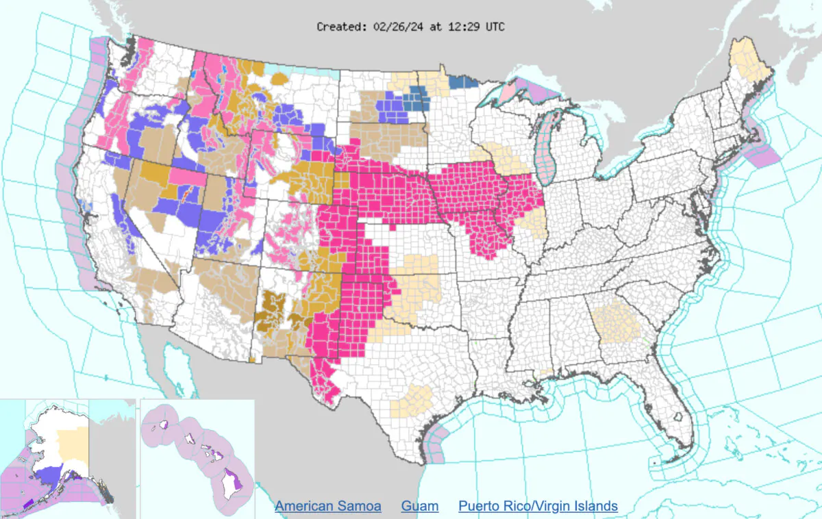 A map of U.S. weather forecast as of 7:29 a.m. ET. on Feb. 26, 2024.(National Weather Service)