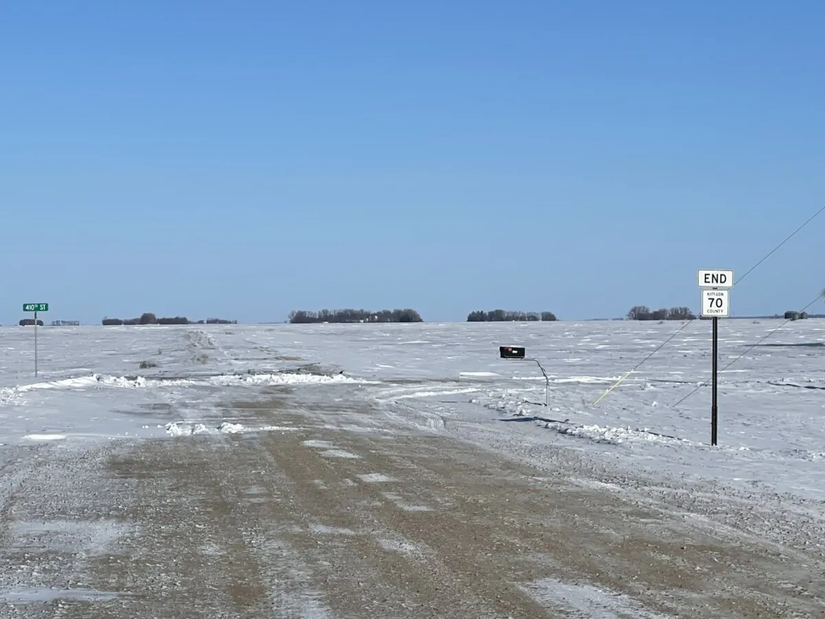 A view of the landscape outside the hamlet of St. Vincent, Minn., looking north towards the Canada-U.S. border, is shown on Jan. 25, 2022, not far from where RCMP officers recovered the bodies of four unidentified Indian nationals. (The Canadian Press/James McCarten)