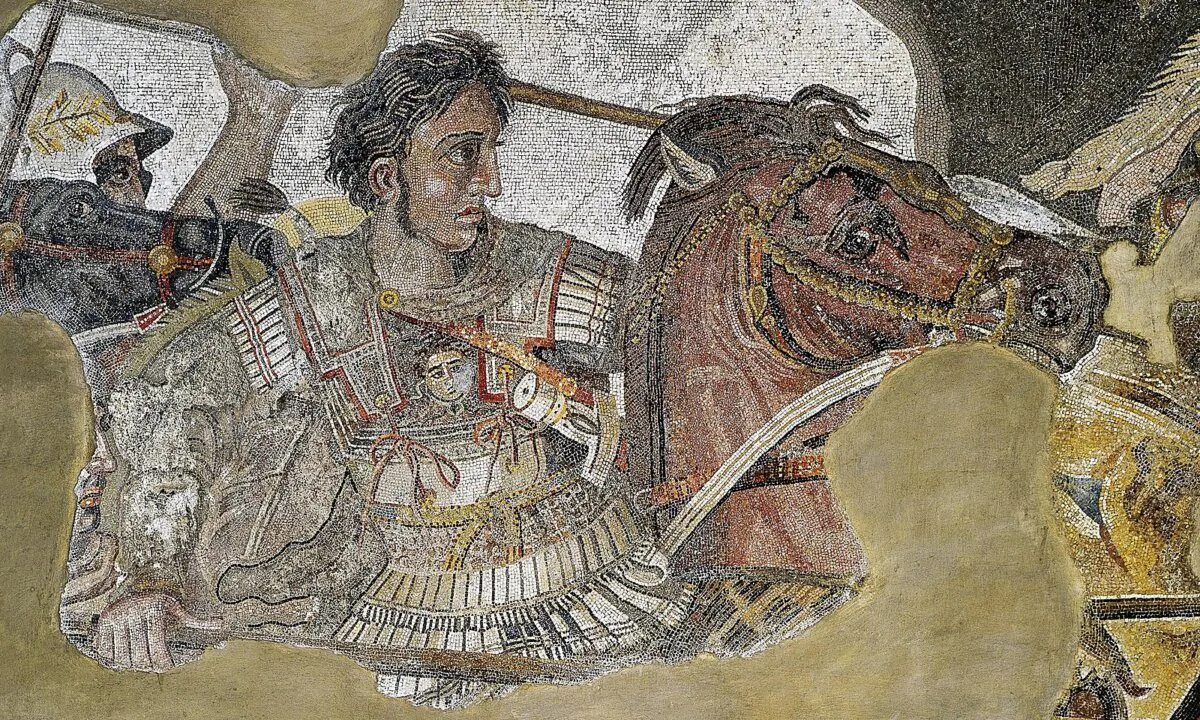 This mosaic of Alexander the Great was constructed from thousands of miniscule chunks of colored stone and glass. This portion of the mosaic is from the larger Battle of Issus mosaic and is over 2000 years old. (Public Domain)