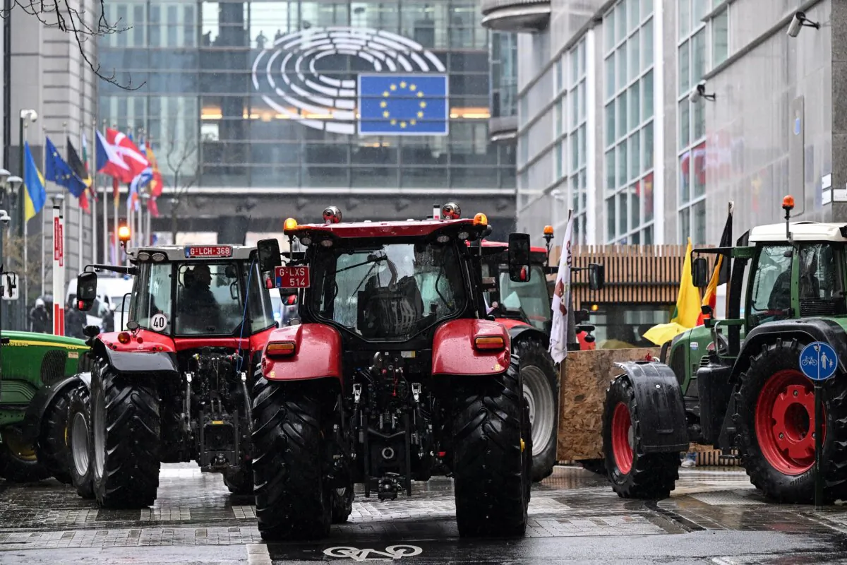 Tractors in front of the European Parliament during a protest in response to European agricultural policies in Brussels, Belgium on Feb. 26, 2024. (John Thys/AFP via Getty Images)