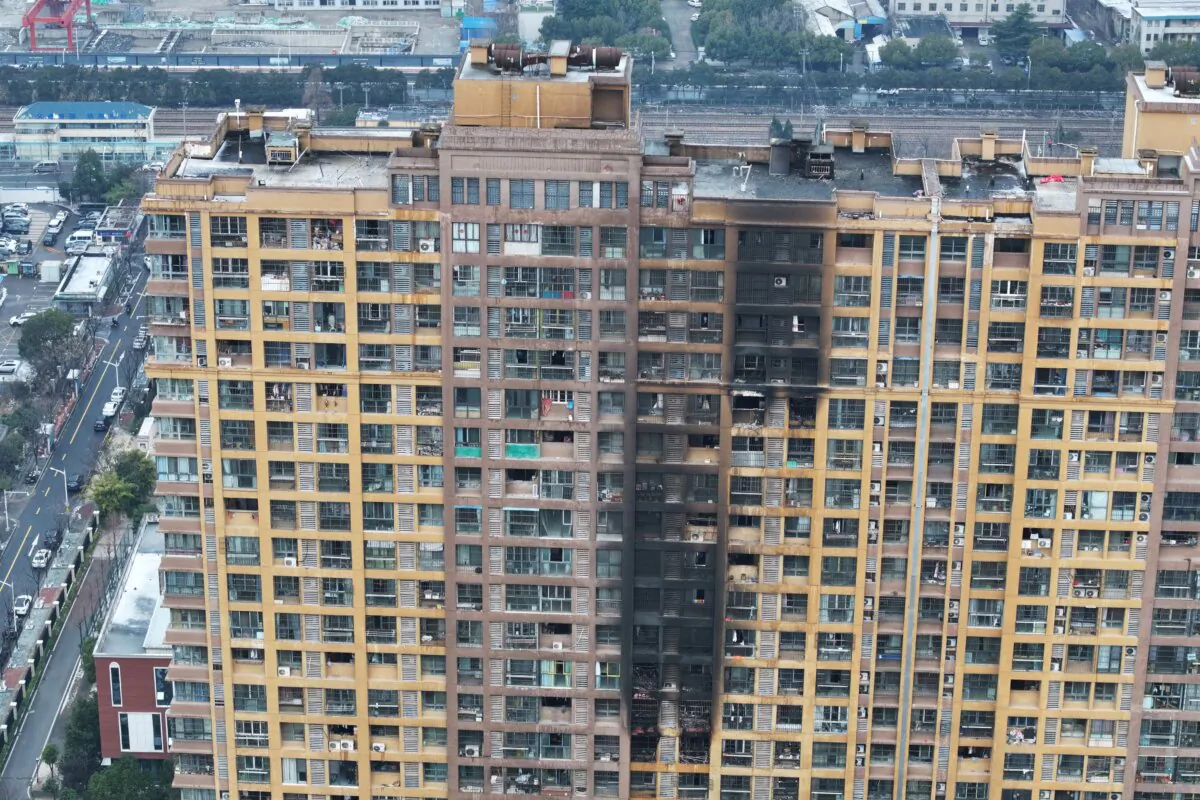 Aerial view of the fire at a residential building in Nanjing city, China on Feb. 23, 2024. (STR/AFP via Getty Images)