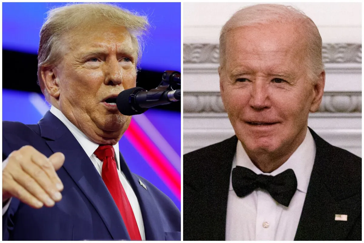 (Left) Republican presidential candidate and former President Donald Trump speaks at the Conservative Political Action Conference (CPAC) at the Gaylord National Resort Hotel And Convention Center in National Harbor, Md., on Feb. 24, 2024. (Right) President Joe Biden delivers remarks during a black-tie dinner at the White House on Feb. 24, 2024. (Anna Moneymaker, Anna Rose Layden/Getty Images)