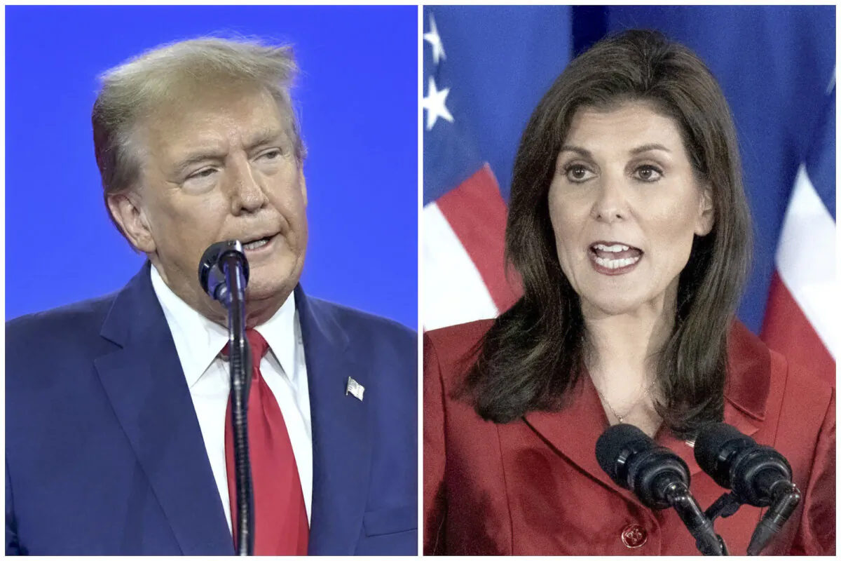 (Left) Former President and 2024 presidential hopeful Donald Trump speaks during the annual Conservative Political Action Conference (CPAC) meeting in National Harbor, Md., on Feb. 24, 2024. (Right) Republican presidential candidate former U.N. Ambassador Nikki Haley speaks to a crowd during a primary election night party in Charleston, S.C., on Feb. 24, 2024. (Mandel Ngan/AFP via Getty Images; Sean Rayford/Getty Images)