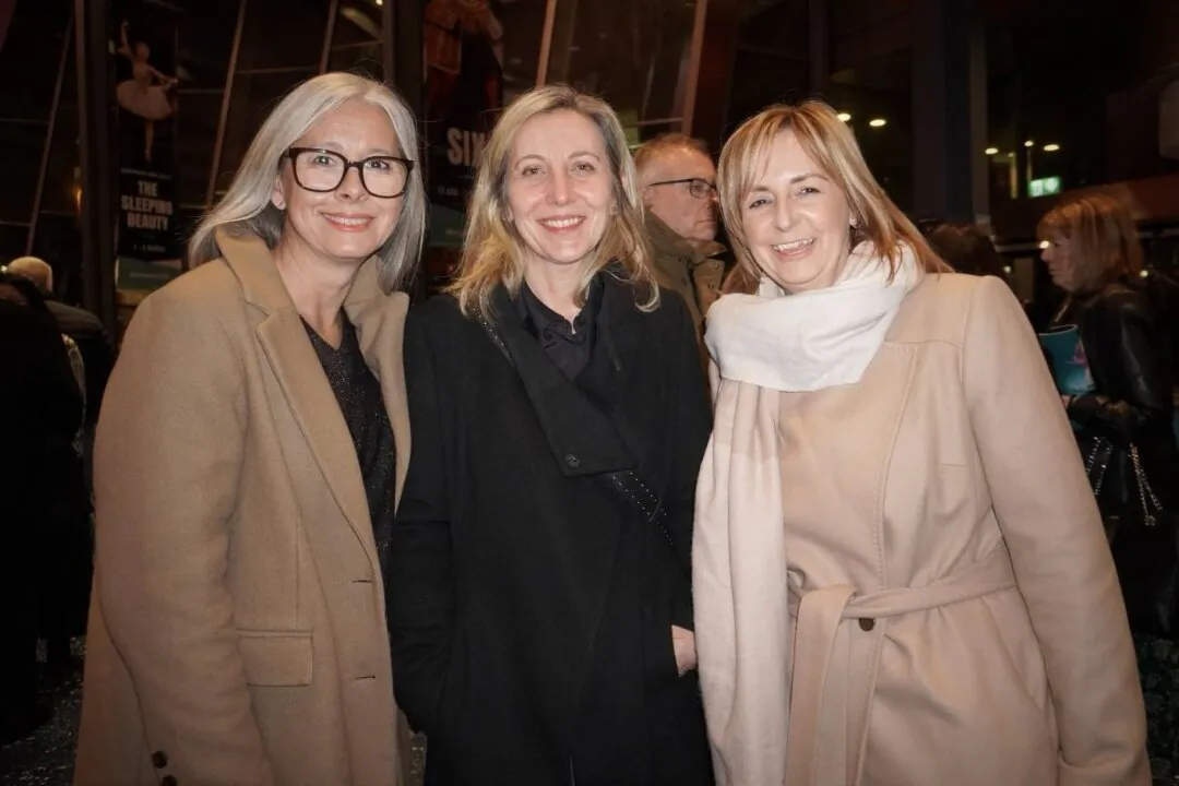 Jane Ellis Tait (L), Louise Jackman (C), and Sara Gore attended Shen Yun Performing Arts at the Lowry Salford venue in Salford, UK, on Feb. 23, 2024. (Mary Mann/The Epoch Times)