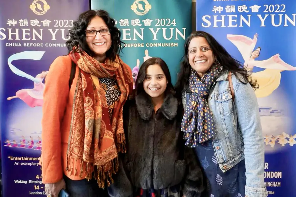 Raina Jefferies, her daughter Taliah, and sister Jayshree Parmer attended Shen Yun Performing Arts at The Lowry Salford, in Salford, UK, on Feb. 25, 2024. (Mary Mann/The Epoch Times)