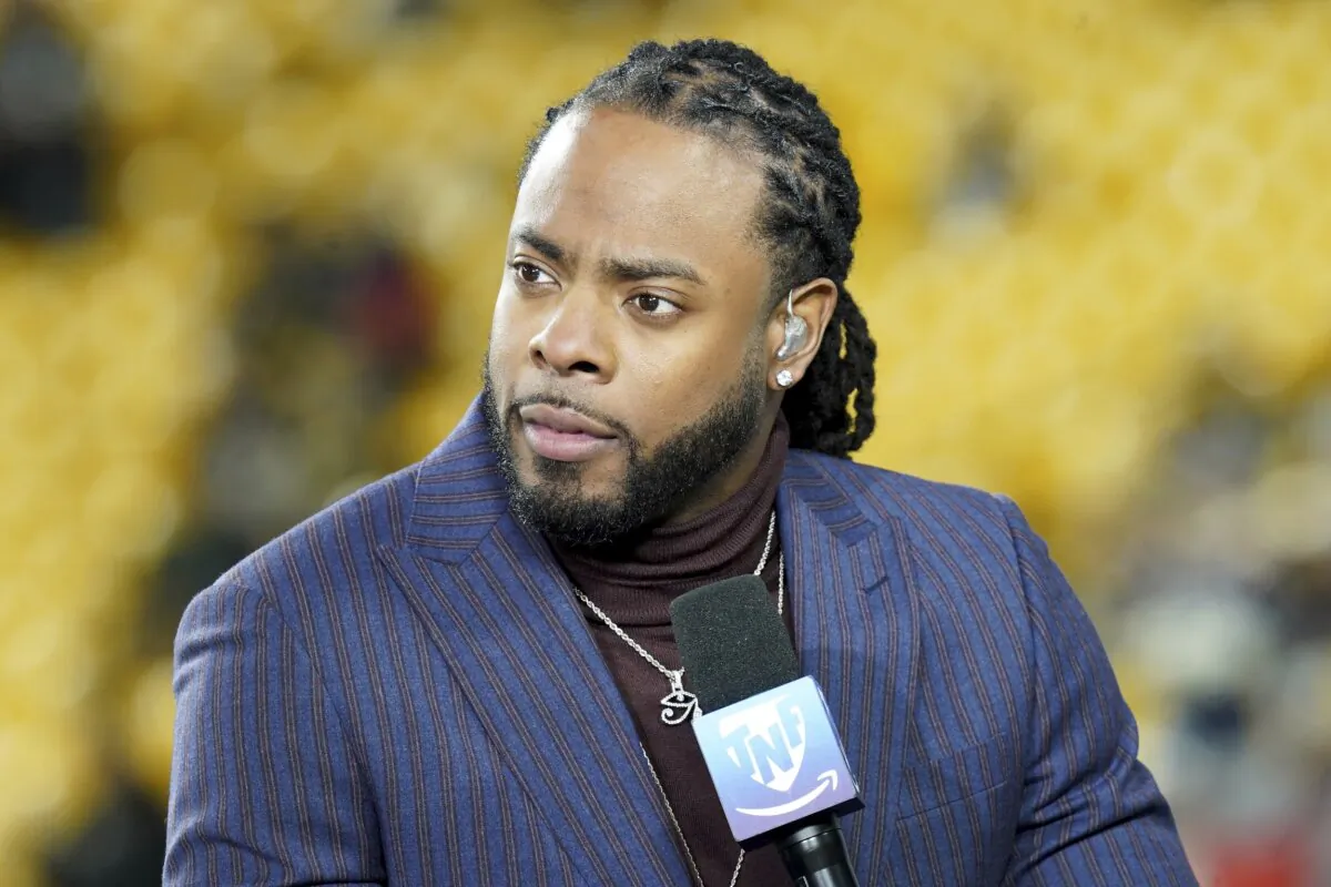 Host Richard Sherman appears on Amazon Prime's "Thursday Night Football" before an NFL football game between the Pittsburgh Steelers and the New England Patriots in Pittsburgh on Dec. 7, 2023. (Matt Freed/AP Photo)