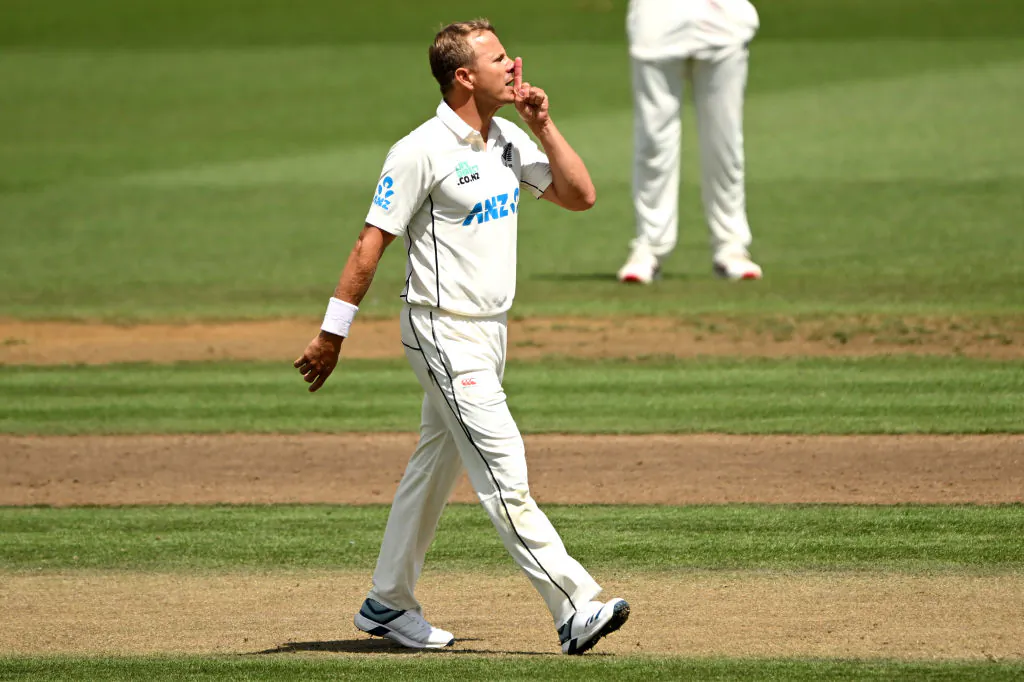 Neil Wagner of the New Zealand Black Caps signals during day three of the Men's Second Test in the series between New Zealand and South Africa at Seddon Park in Hamilton, New Zealand, on Feb. 15, 2024. (Hannah Peters/Getty Images)