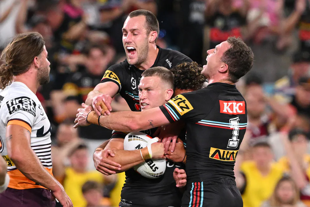 Mitch Kenny of the Panthers celebrates scoring a try during the 2023 NRL Grand Final match between Penrith Panthers and Brisbane Broncos at Accor Stadium in Sydney, Australia, on Oct. 01, 2023. (Photo by Bradley Kanaris/Getty Images)