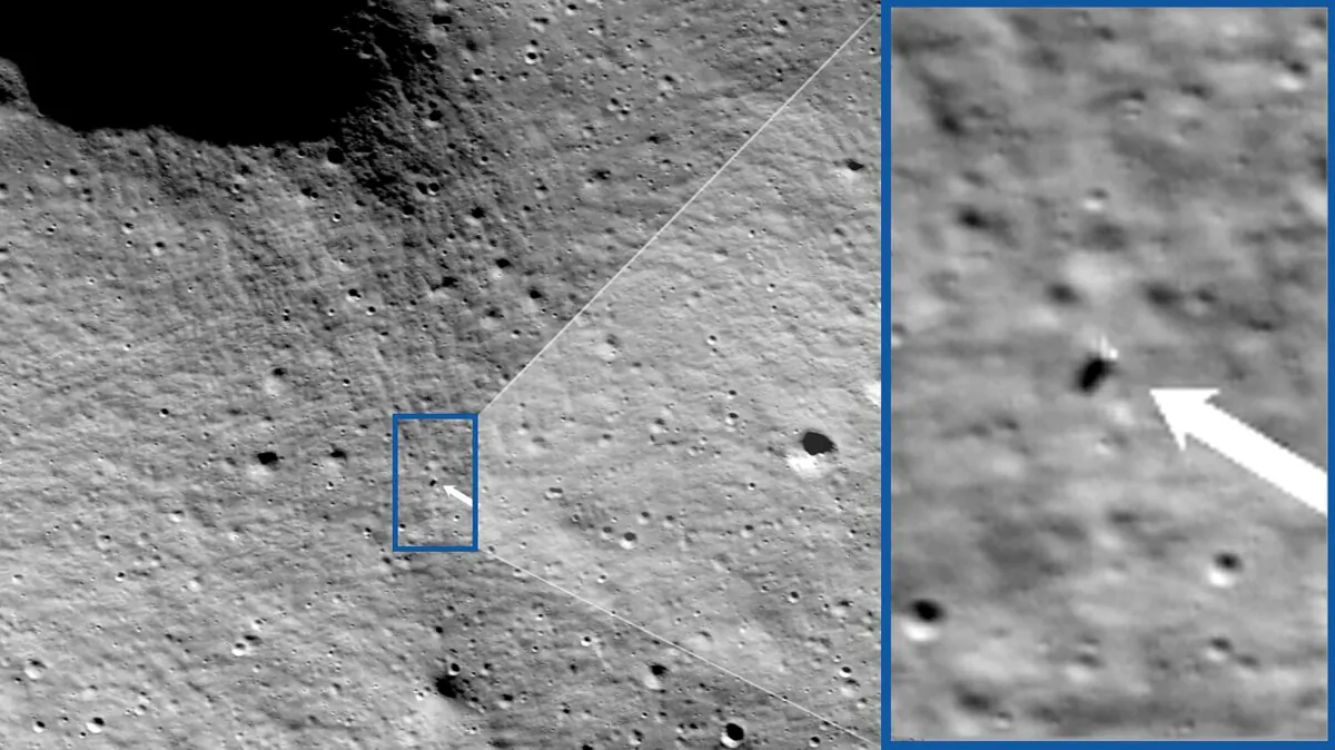 The images from NASA’s Lunar Reconnaissance Orbiter Camera team which confirmed Odysseus completed its landing. (NASA/Goddard/Arizona State University via AP)