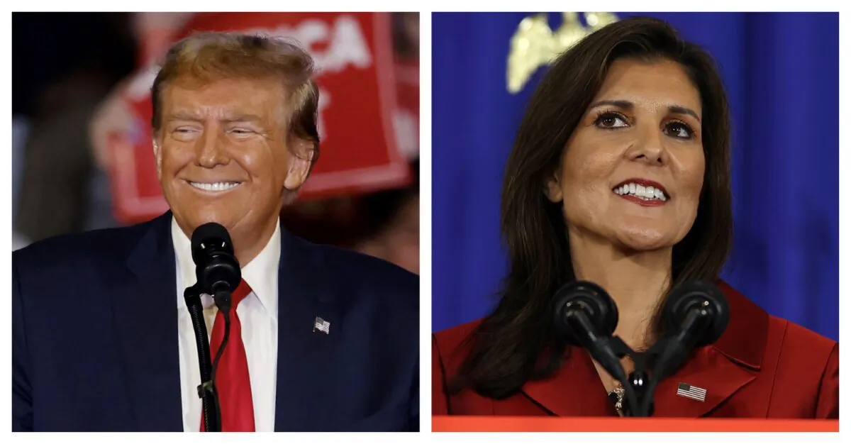 (Left) Former US President and 2024 presidential hopeful Donald Trump speaks at a "Get Out the Vote" Rally in Conway, S.C., on Feb. 10, 2024. (Right) US Republican Presidential hopeful and former UN Ambassador Nikki Haley speaks at her election night watch party in Charleston, S.C., on Feb. 24, 2024. (Julia Nikhinson/AFP via Getty Images)