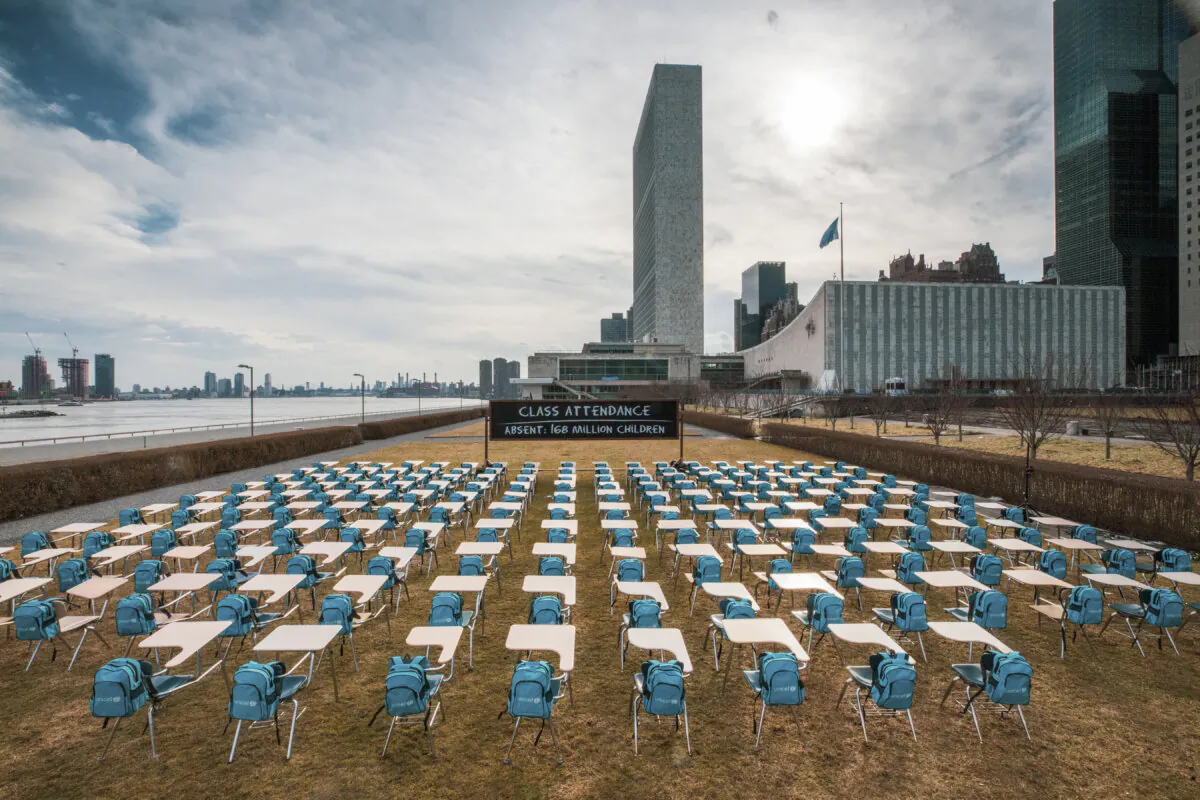 UNICEF unveiled its "Pandemic Classroom," a model made up of 168 empty desks, each seat representing one million children living in countries where schools were almost entirely closed during the COVID pandemic lockdowns, at the U.N. Headquarters in New York City on March 2, 2021. (Chris Farber/UNICEF via Getty Images)