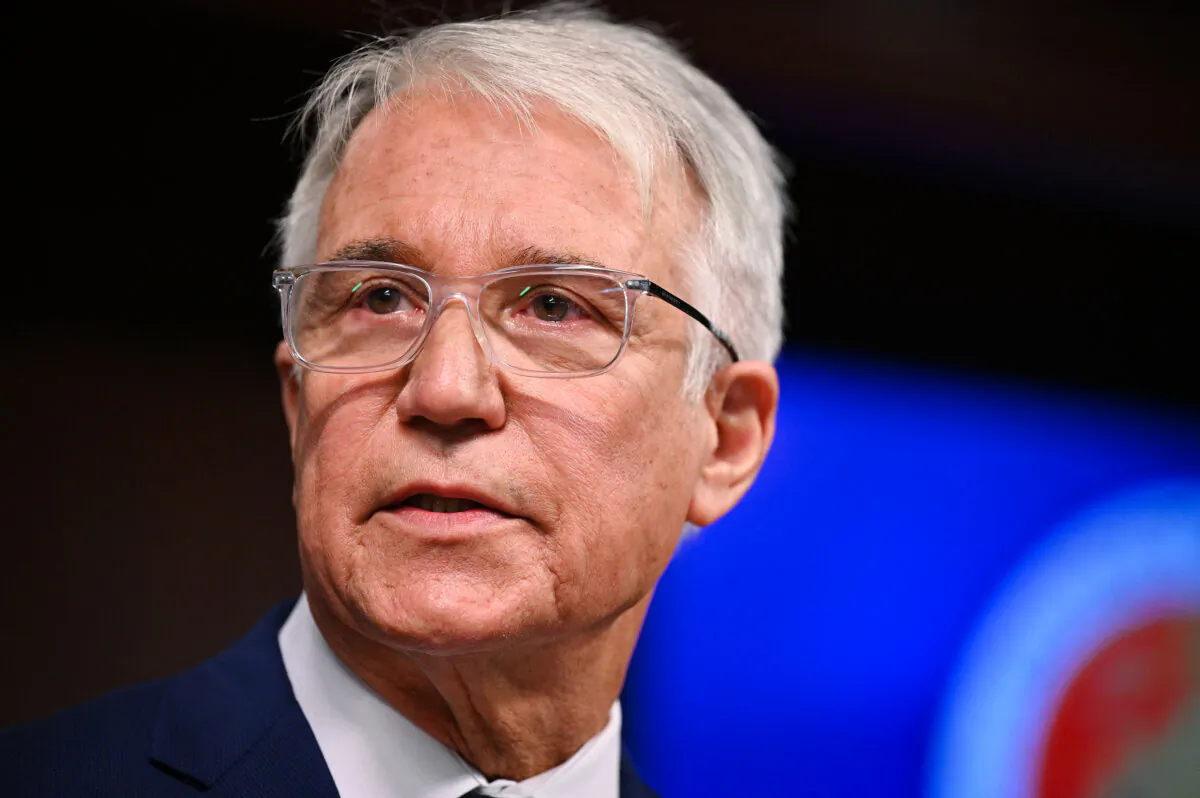 Los Angeles County District Attorney George Gascon speaks at a press conference in Los Angeles on Dec. 8, 2021. (Robyn Beck/AFP via Getty Images)