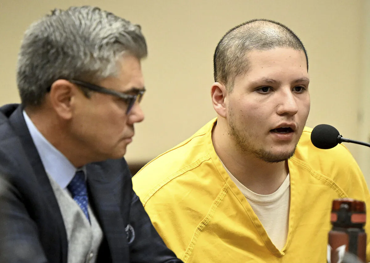Convicted double murder Joseph Jimenez Jr. makes a brief statement prior to being sentenced at the Riverside Hall of Justice in Riverside, Calif., on Feb. 26, 2024. (Will Lester/The Orange County Register via AP)
