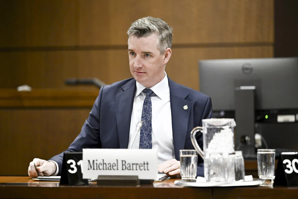 Conservative MP Michael Barrett awaits the start of a meeting of the Standing Committee on Access to Information, Privacy and Ethics on Parliament Hill in Ottawa, on Jan. 17, 2024. (Justin Tang/The Canadian Press)