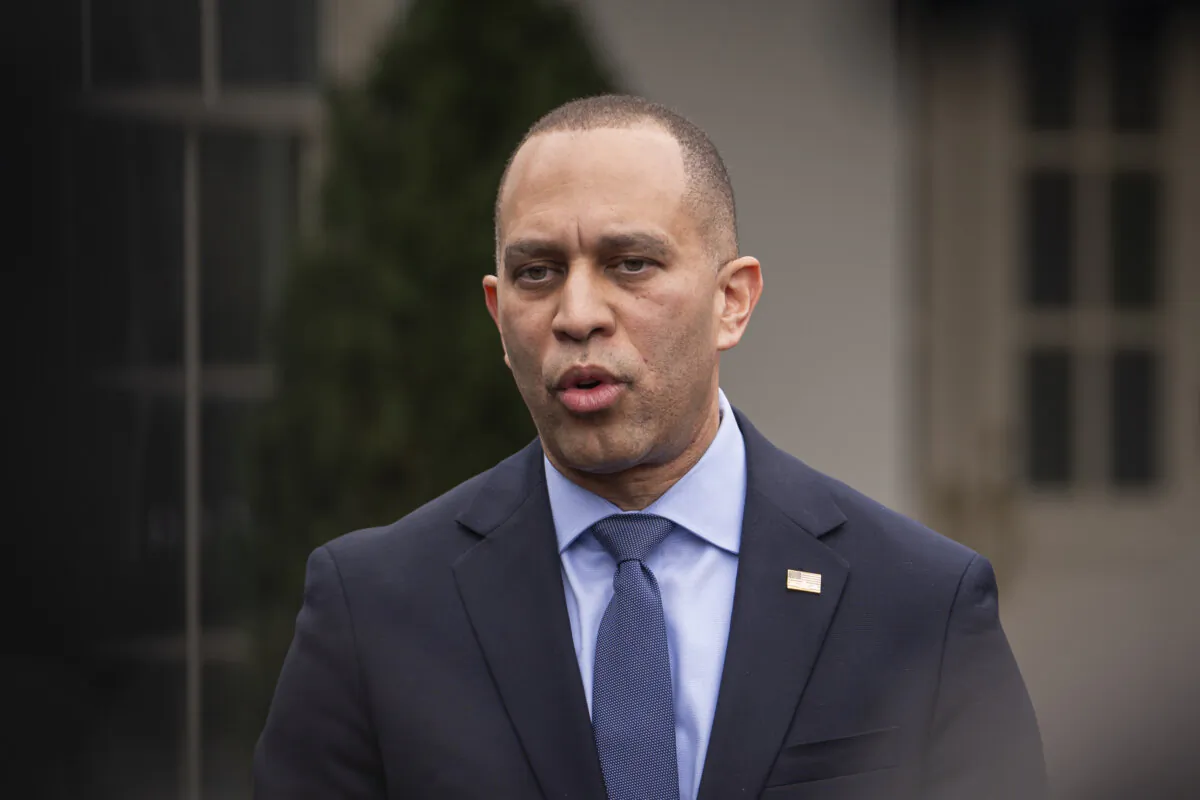 House Minority Leader Rep. Hakeem Jeffries (D-N.Y.) speaks to the press after meeting with President Joe Biden and other congressional leaders at the White House in Washington on Feb. 27, 2024. (Madalina Vasiliu/The Epoch Times)