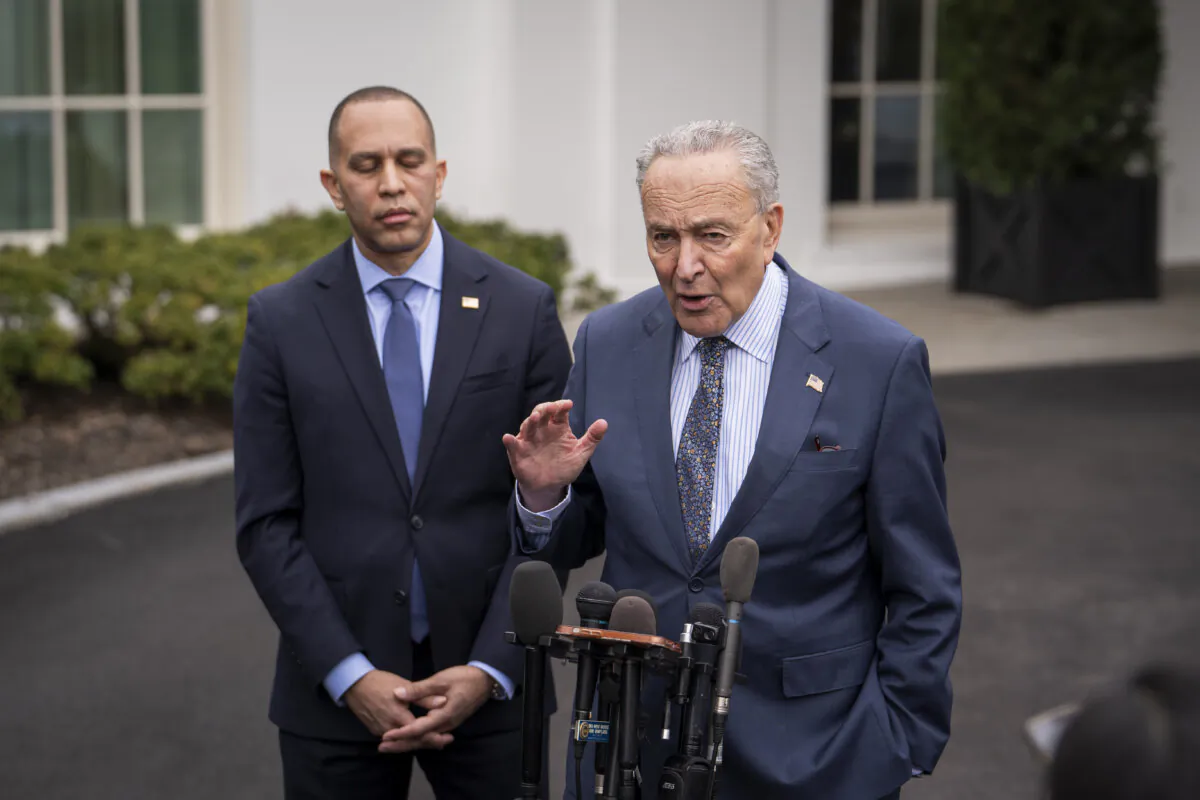 Senate Majority Leader Sen. Chuck Schumer (D-N.Y.) and House Minority Leader Rep. Hakeem Jeffries (D-N.Y.) speak to the press after meeting with President Joe Biden and House Speaker at the White House in Washington on Feb. 27, 2024. (Madalina Vasiliu/The Epoch Times)